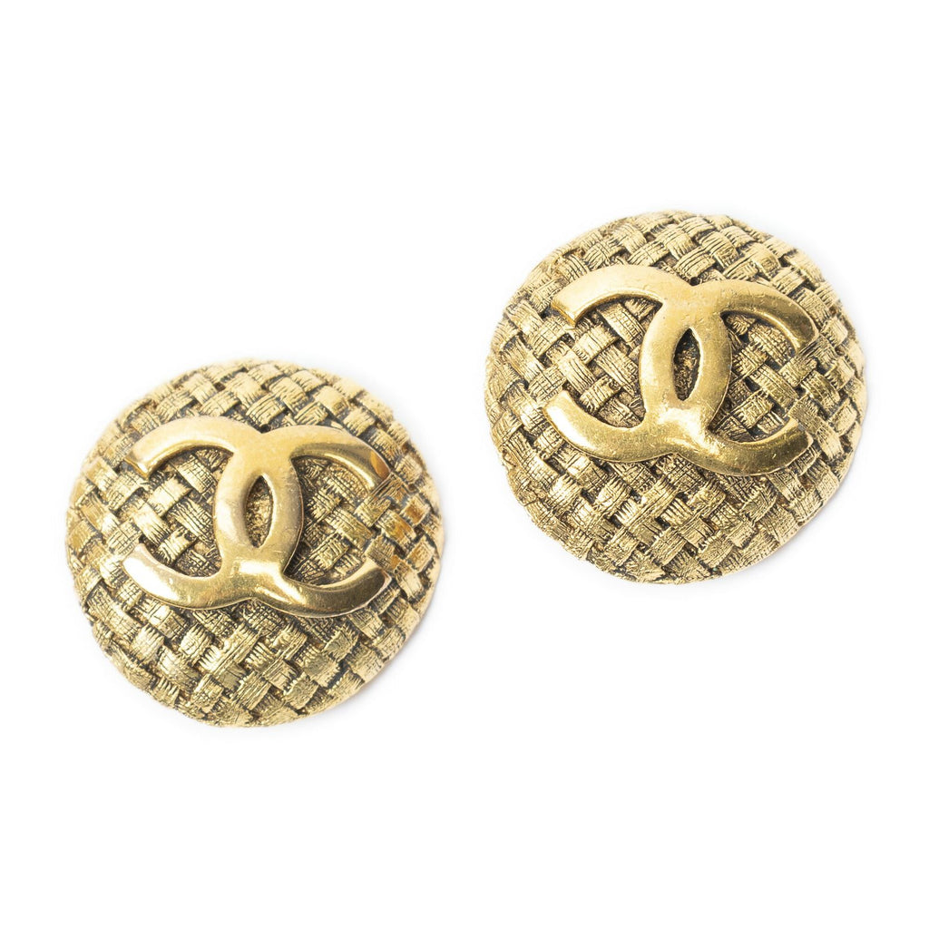 Chanel CC Logo Round Clip Type Earrings Gold Plated