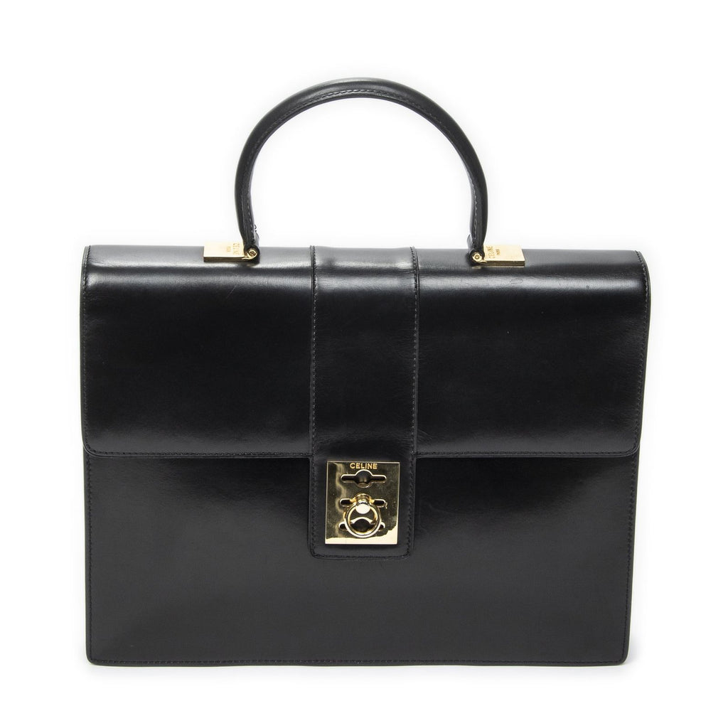 Celine Vintage Top Handle Flap Business Bag Black Calfskin Leather
