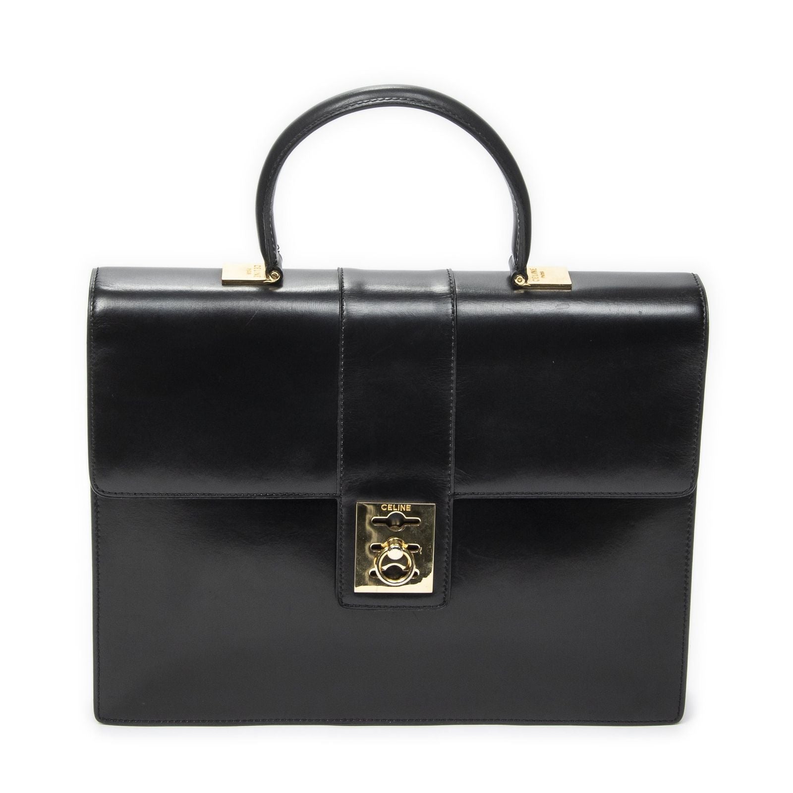 Celine Vintage Top Handle Flap Business Bag Black Calfskin Leather