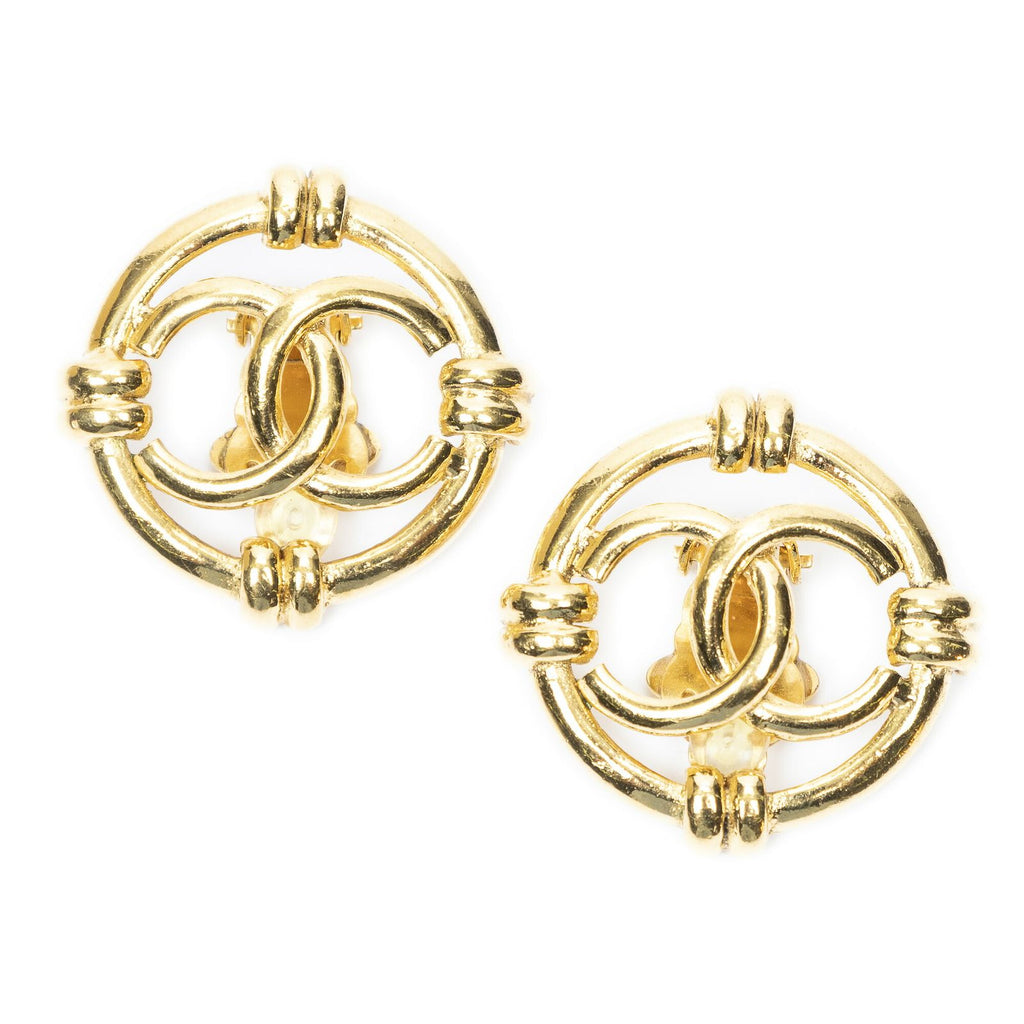 Chanel CC Logo Round Clip Type Earrings Gold Plated