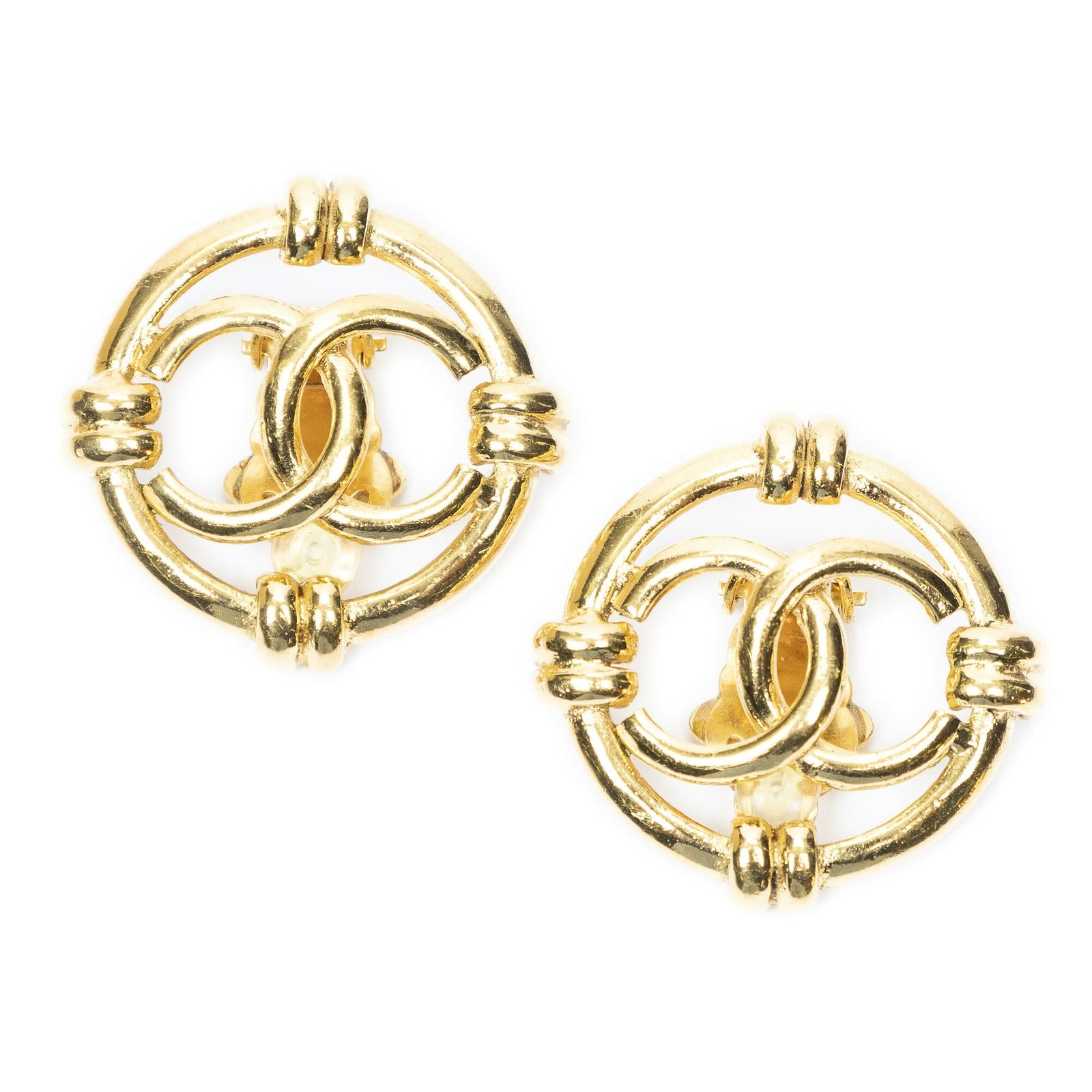 Chanel CC Logo Round Clip Type Earrings Gold Plated