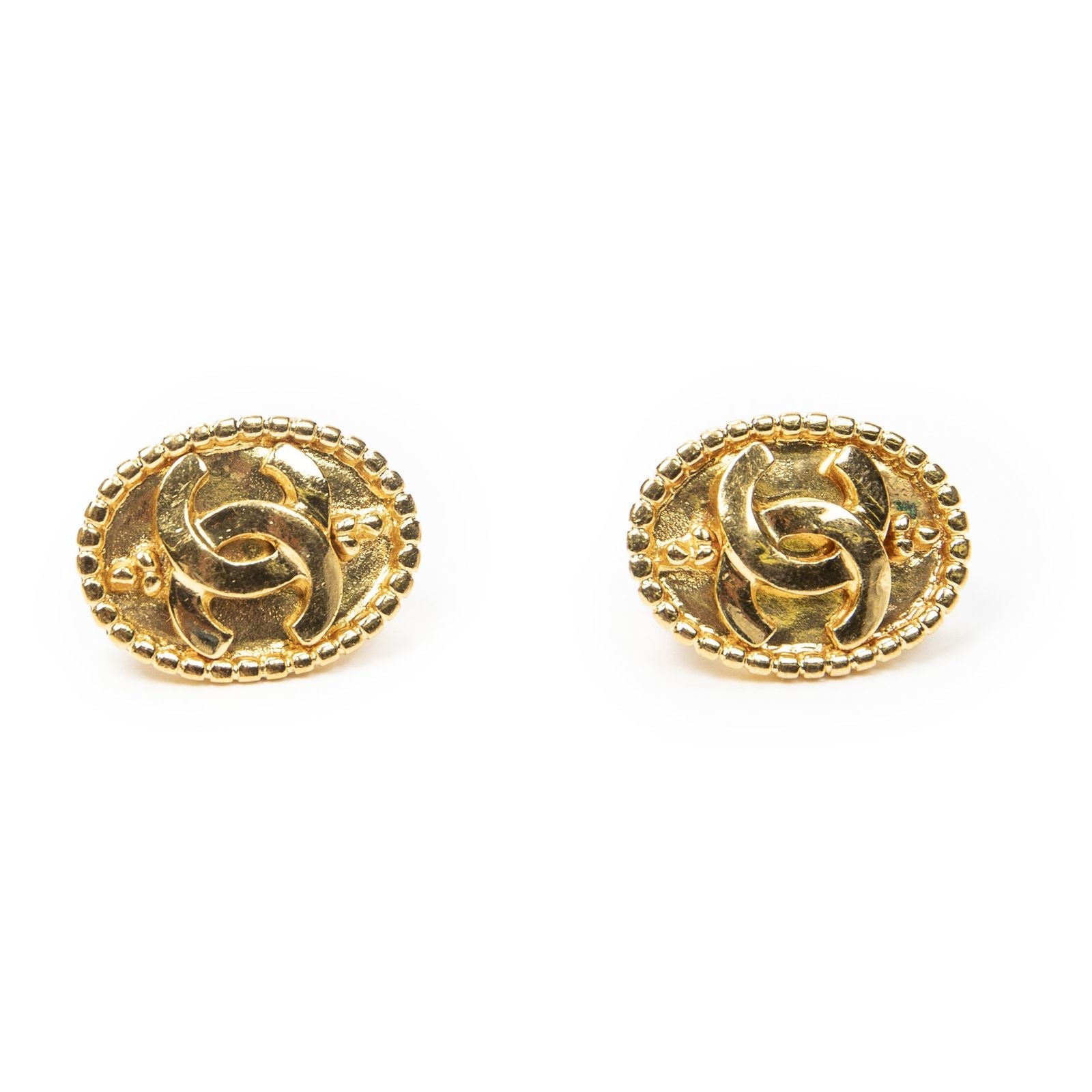 Chanel CC Oval Clip on Earrings Gold Plated