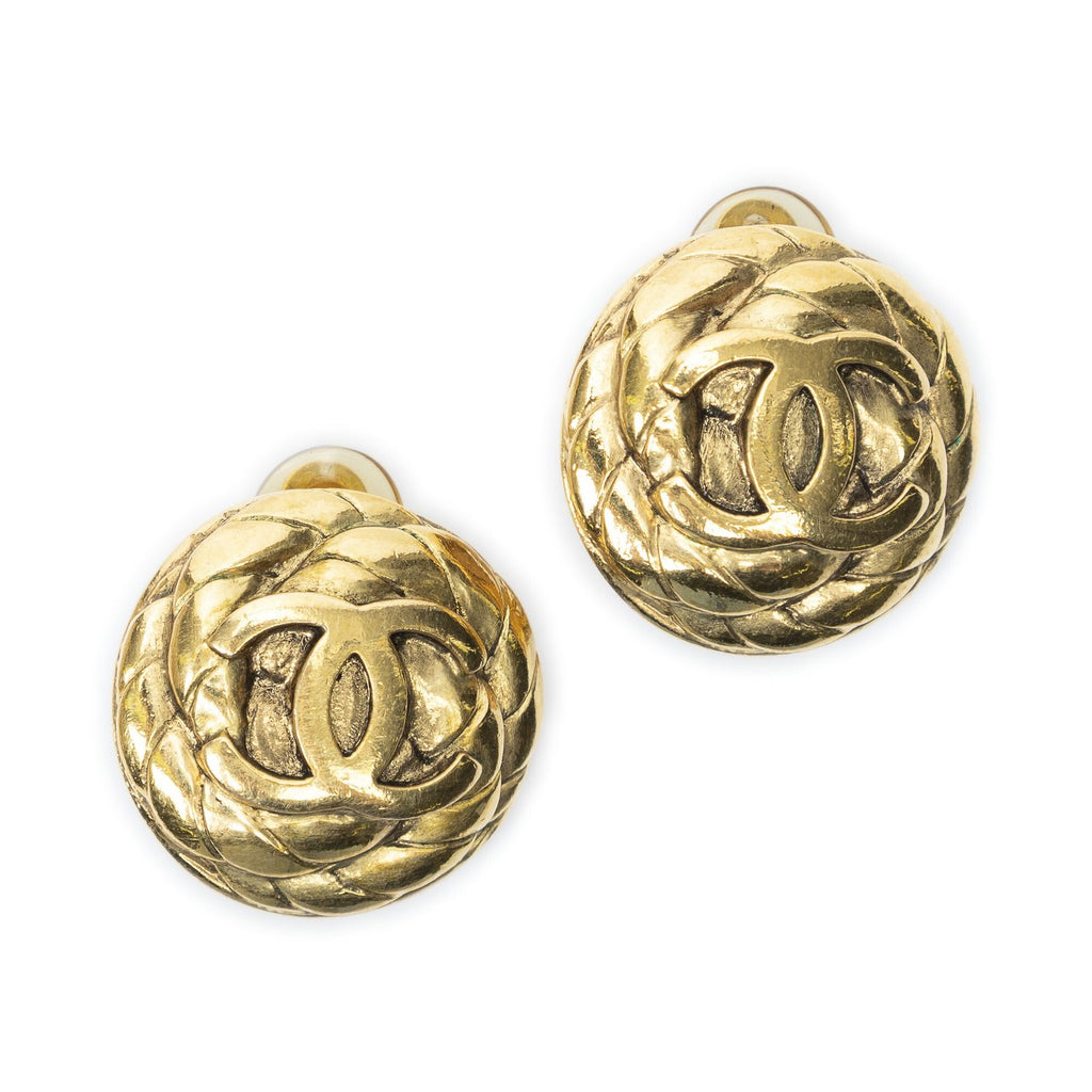 Chanel CC Logo Round Clip Type Earrings Gold Plated