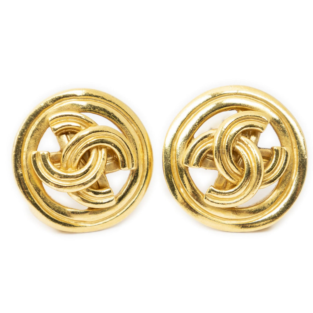 Chanel CC Logo Round Clip Type Earrings Gold Plated