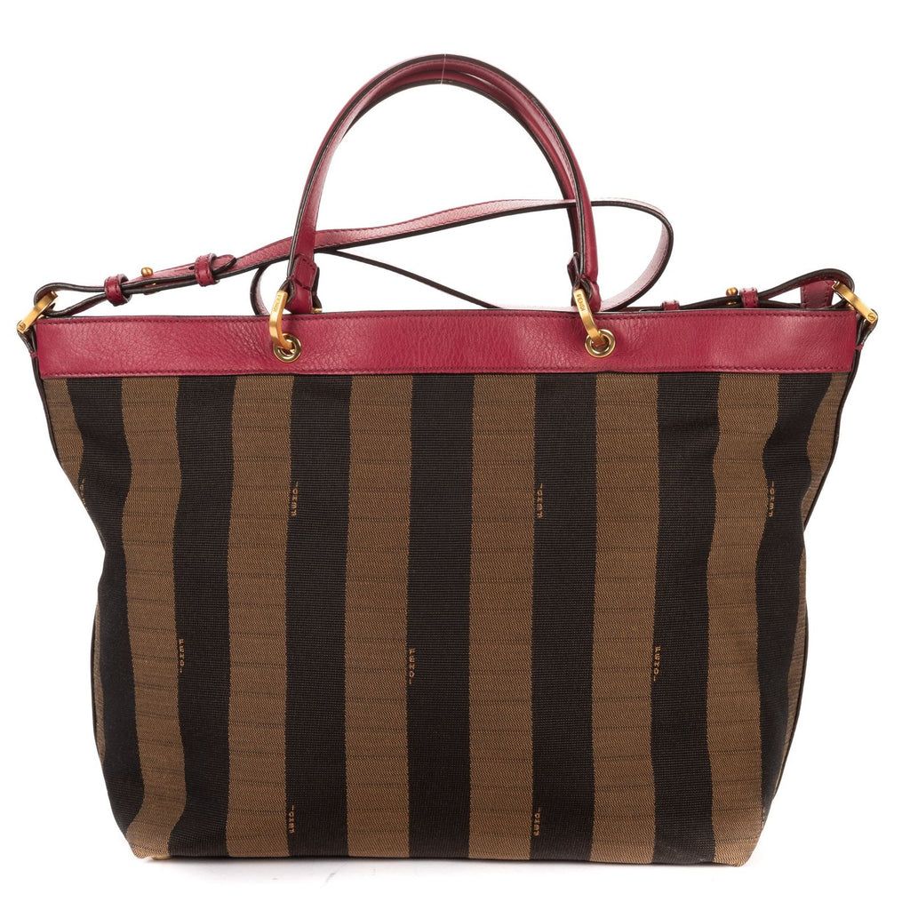 Fendi Medium Pequin Zip Tote Brown Calfskin With Striped Canvas