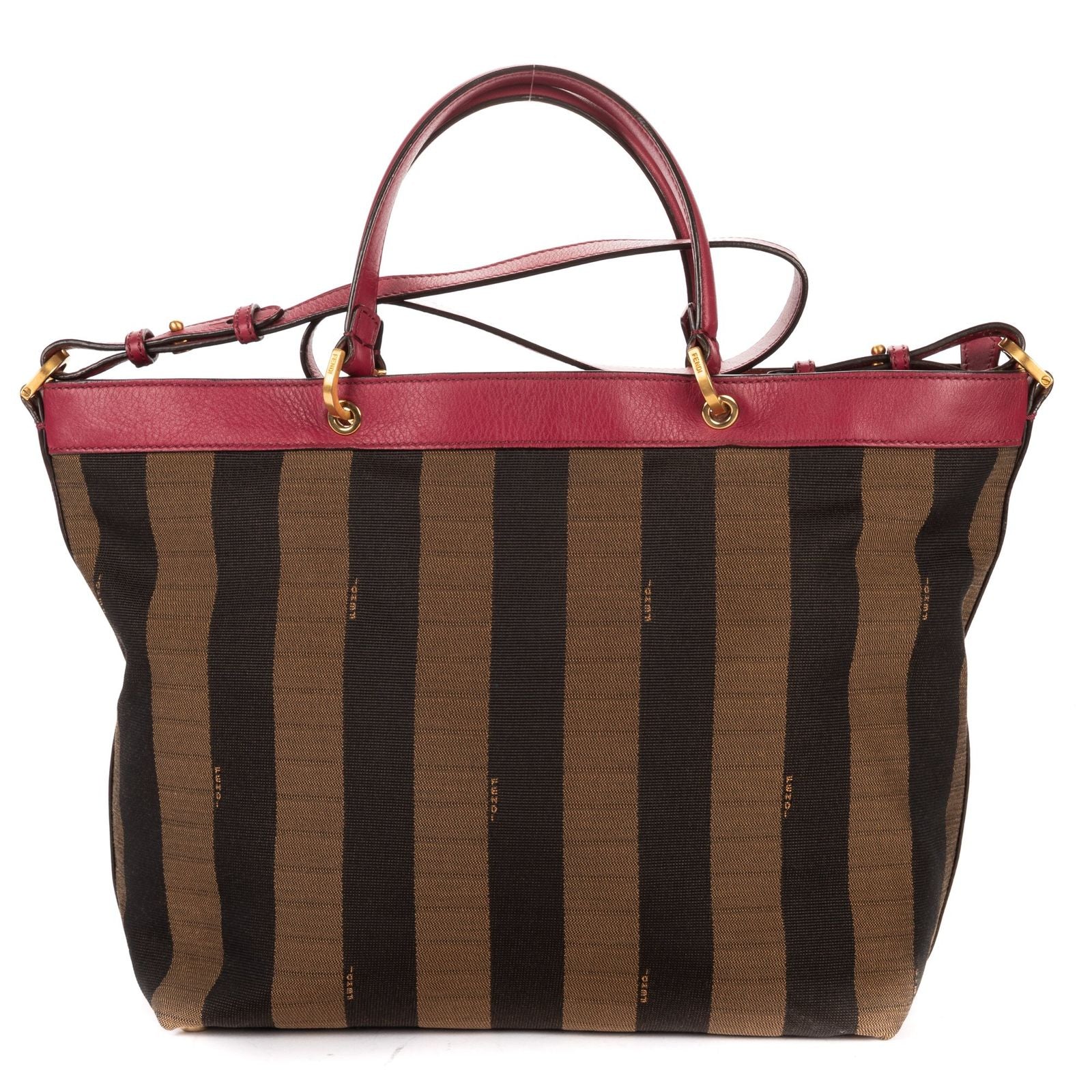 Fendi Medium Pequin Zip Tote Brown Calfskin With Striped Canvas