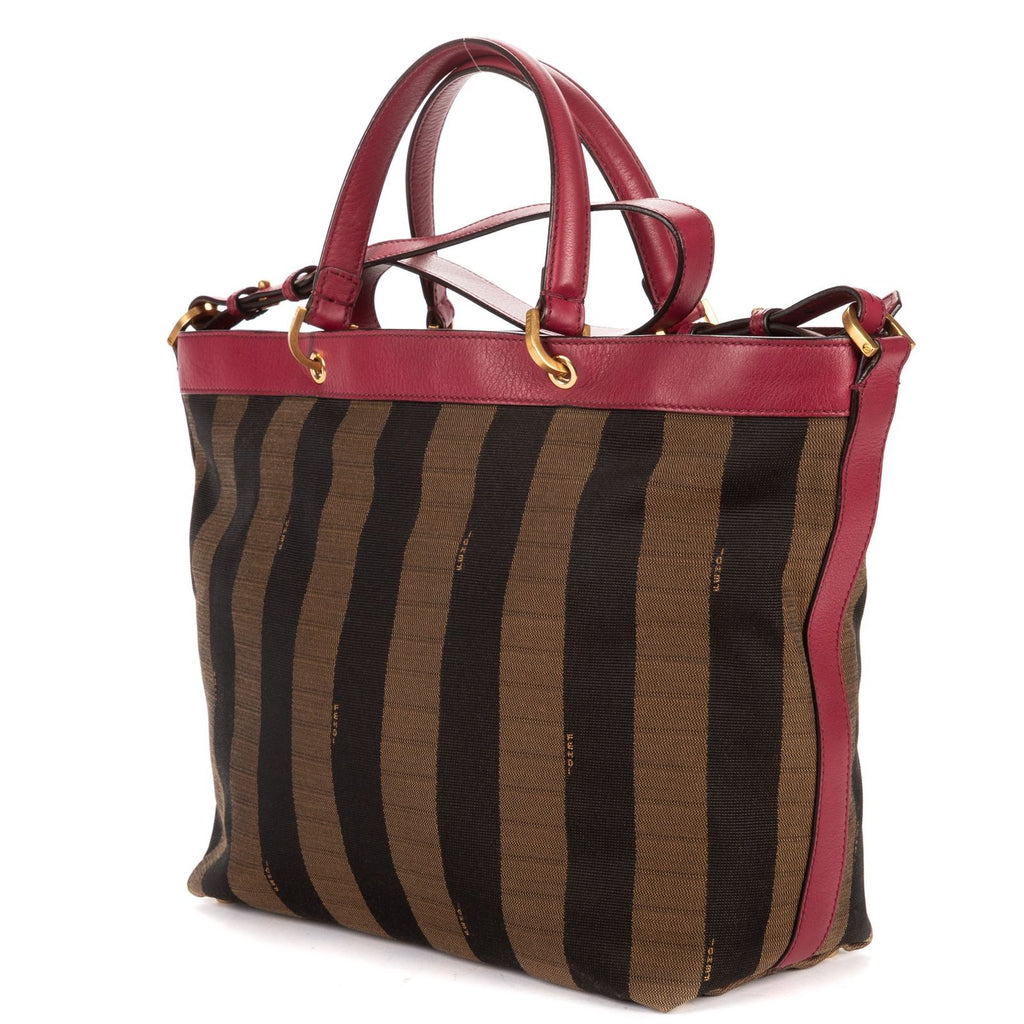 Fendi Medium Pequin Zip Tote Brown Calfskin With Striped Canvas — view 2