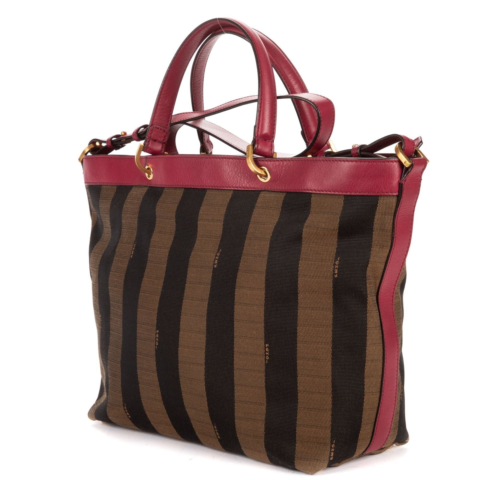 Fendi Medium Pequin Zip Tote Brown Calfskin With Striped Canvas — view 2