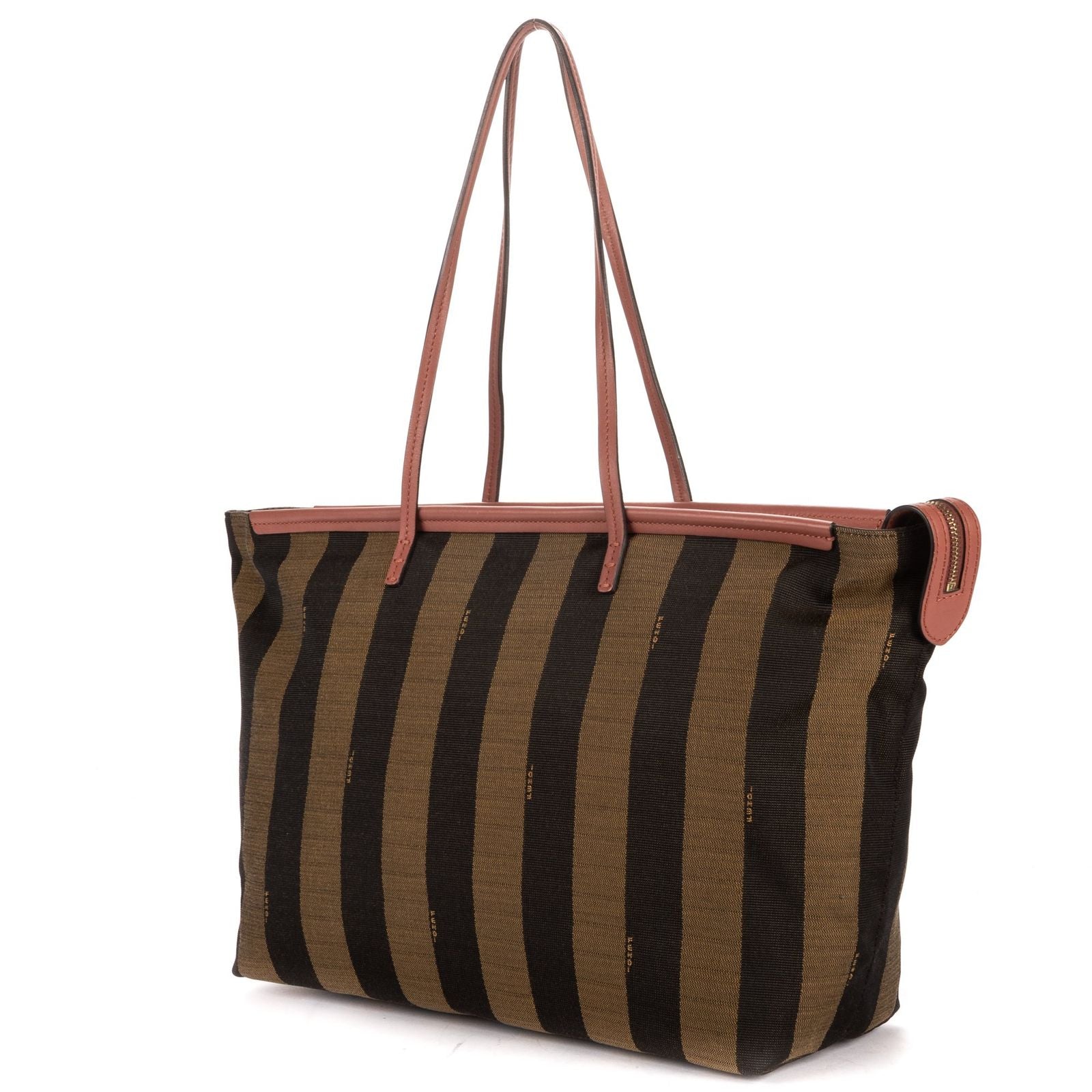 Fendi Ann Zip Tote Pink Brown Calfskin with Pequin Striped Canvas — view 2