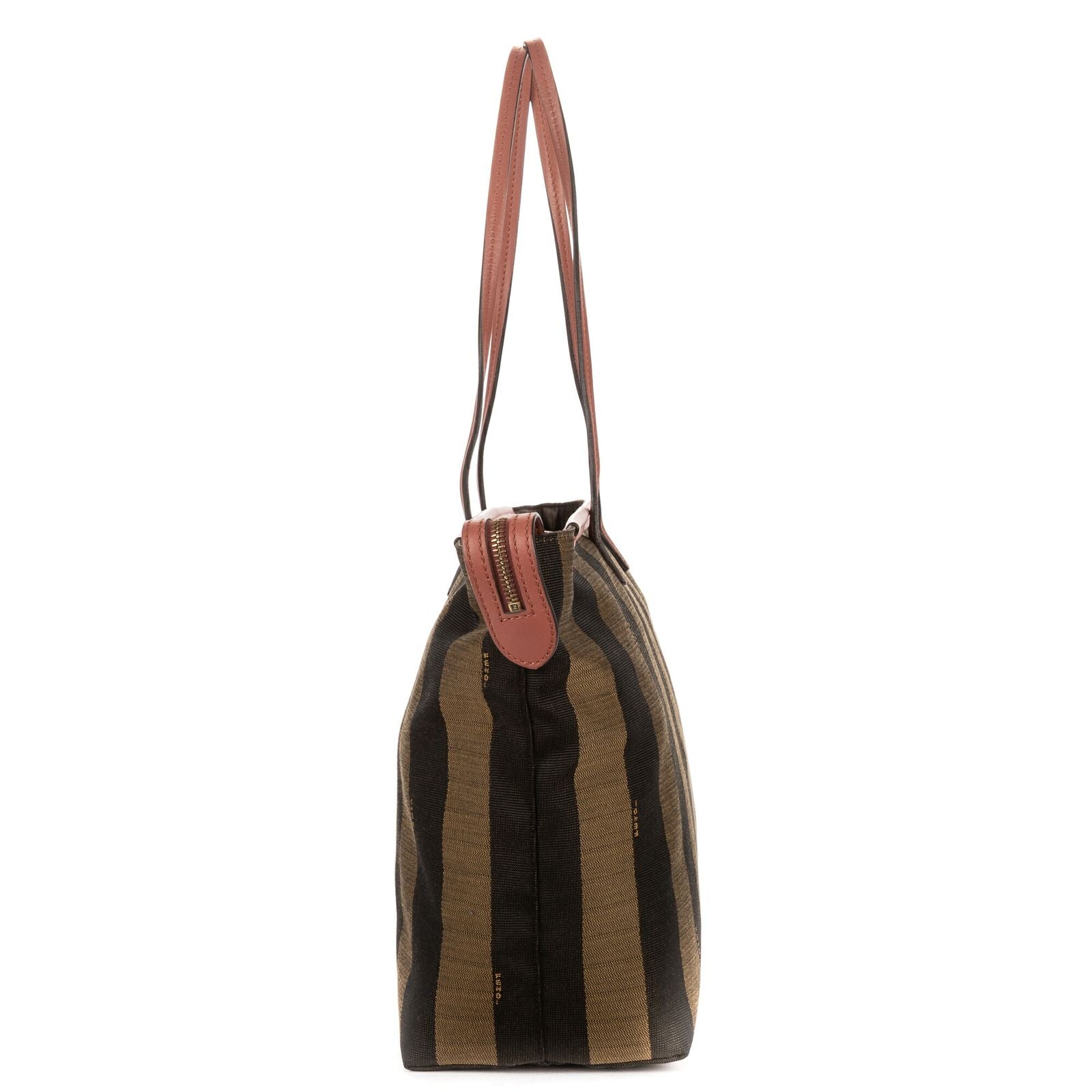 Fendi Ann Zip Tote Pink Brown Calfskin with Pequin Striped Canvas — view 3