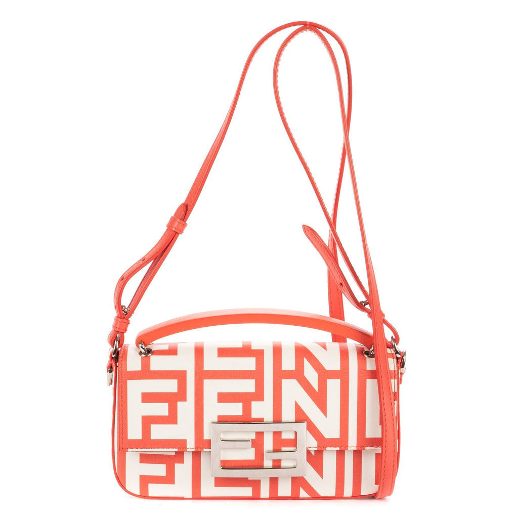 Fendi Mamma Baguette Orange White Logo Print Nappa Leathera Shoulder