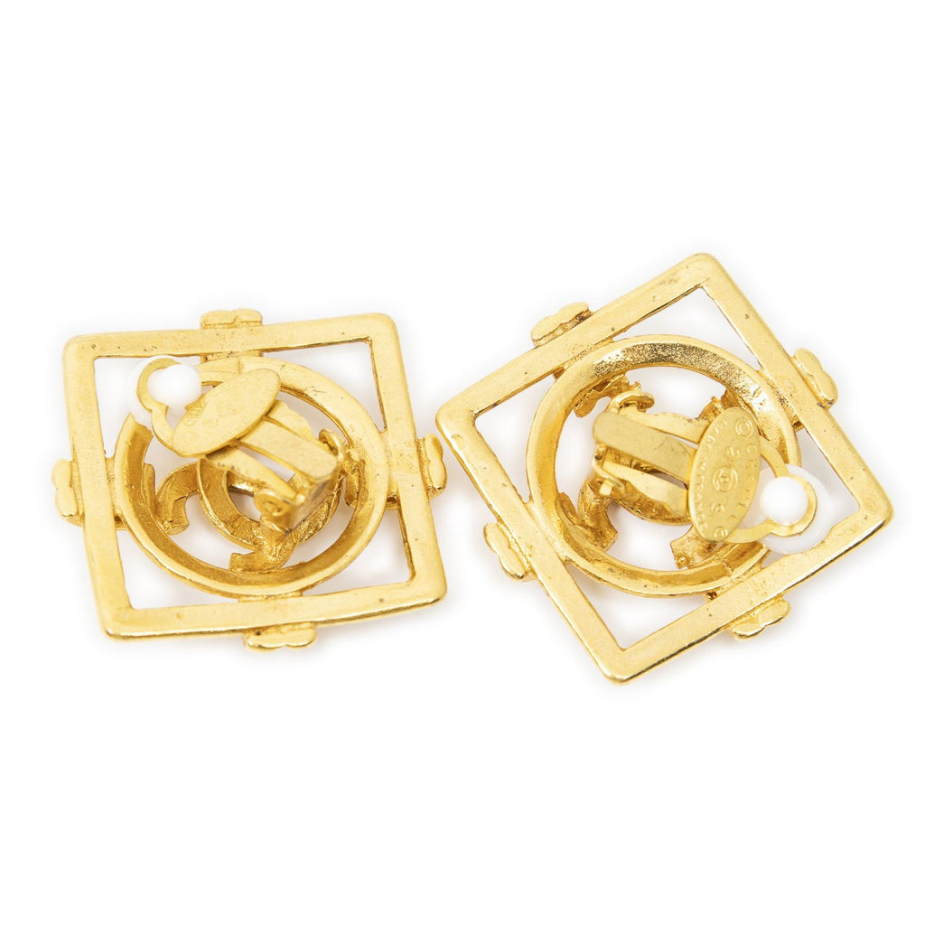 Chanel CC Logo Square Clip Type Earrings Gold Plated — view 2