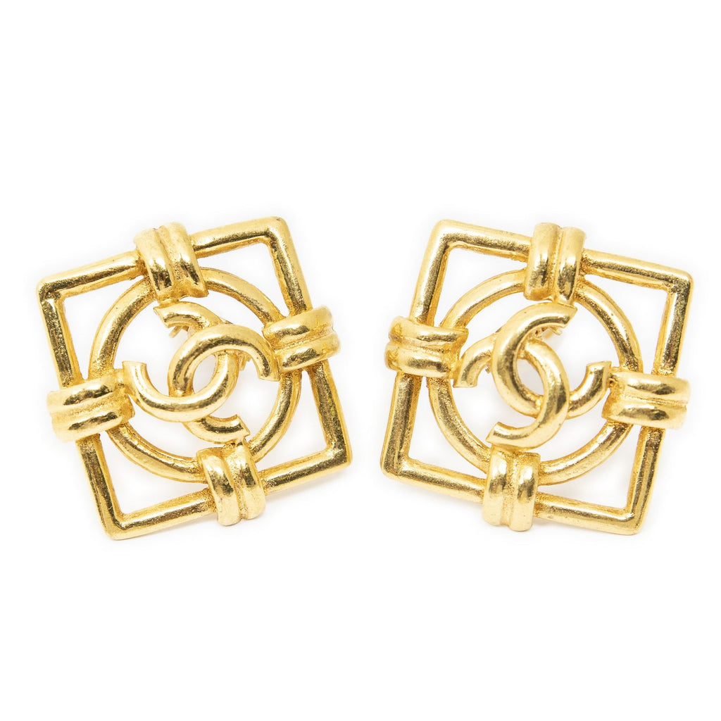 Chanel CC Logo Square Clip Type Earrings Gold Plated