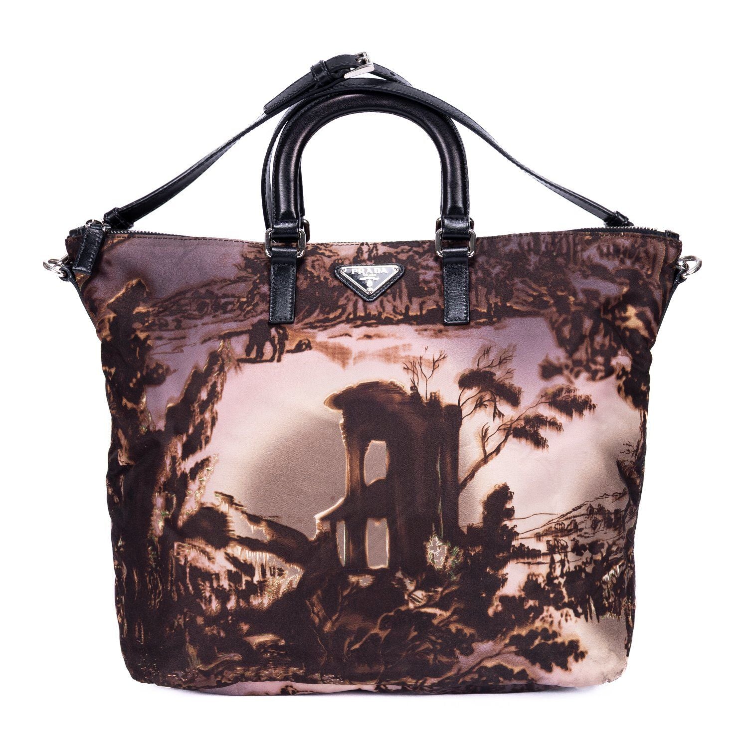 Prada Tessuto Nylon Temple Print Tote Black Beige Printed Nylona