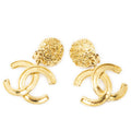 Chanel CC Clover Dangle Clip on Earrings Gold Plated