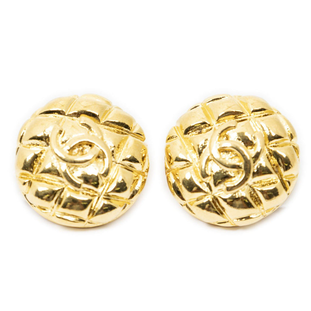 Chanel CC Quilted Round Disc Clip on Earrings Gold Plated