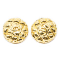 Chanel CC Quilted Round Disc Clip on Earrings Gold Plated