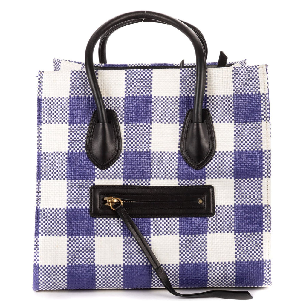 Celine Luggage Phantom White Blue Woven Gingham Pattern Canvasa