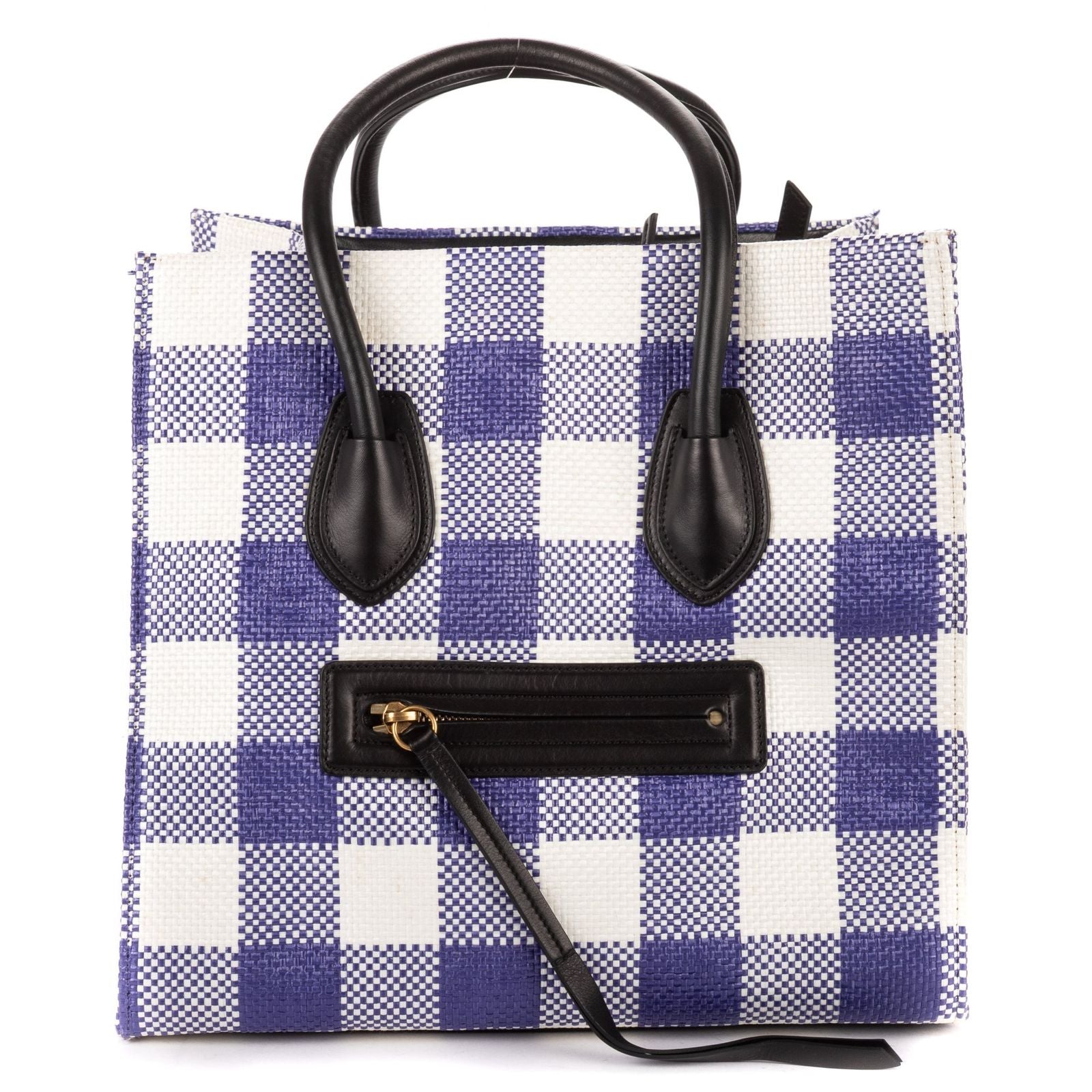 Celine Luggage Phantom White Blue Woven Gingham Pattern Canvasa