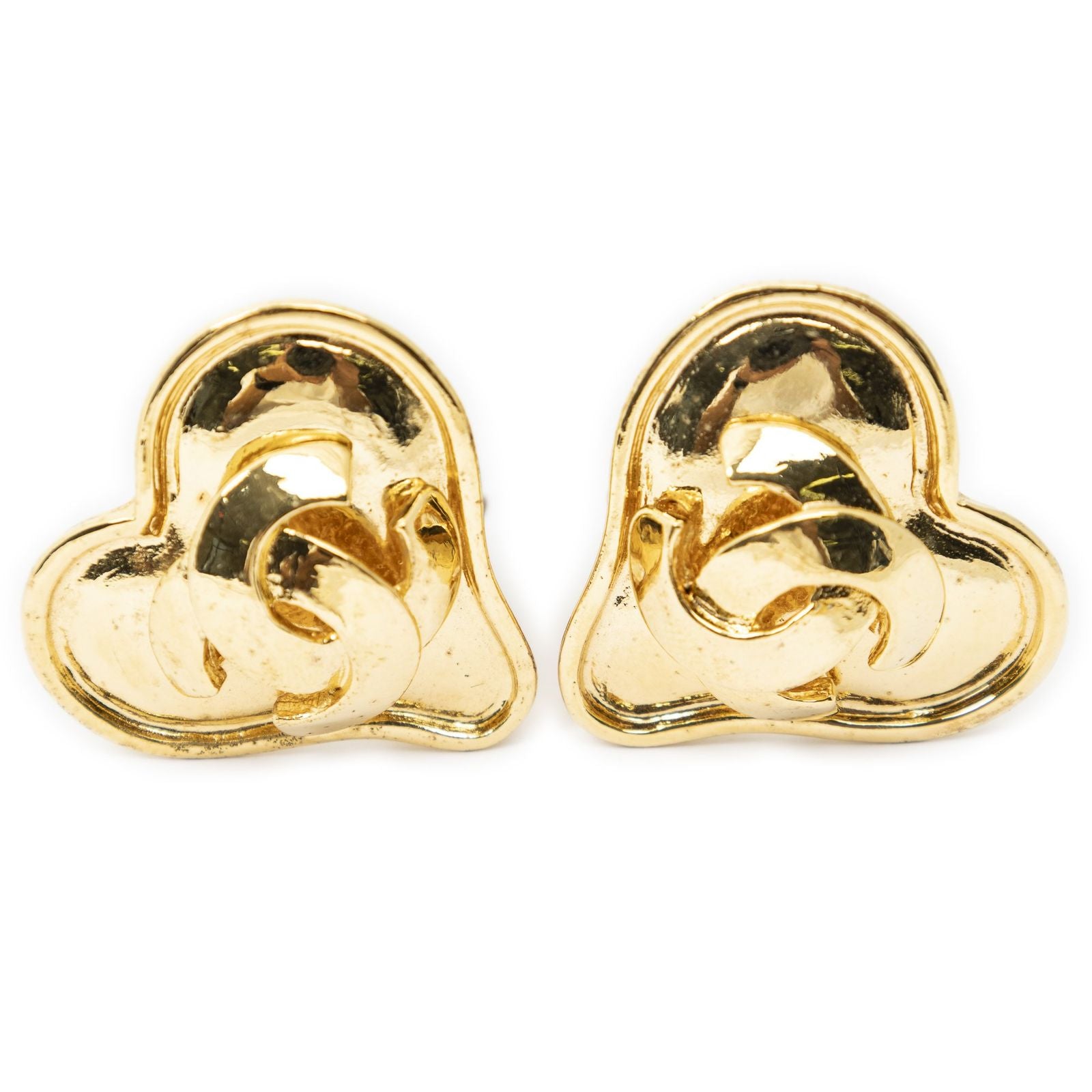 Chanel CC Logo Heart Clip Type Earrings Gold Plated