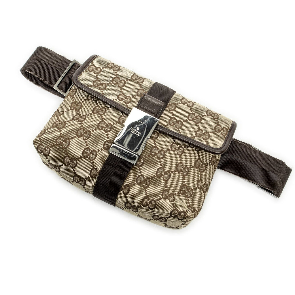 Gucci Mini Push Lock Waist Bag Brown Beige GG Canvas