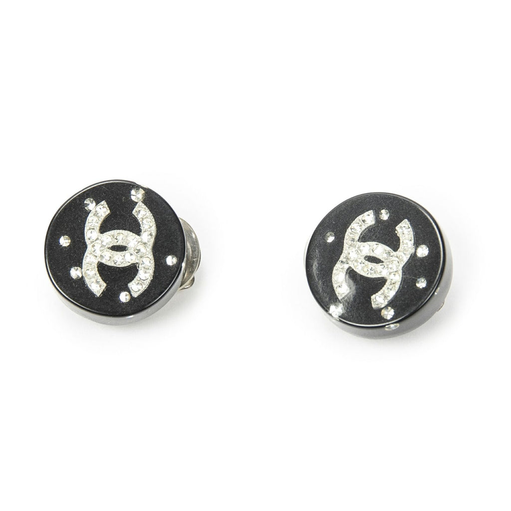 Chanel CC Rhinestone Enamel Clip on Earrings Black Gold Plated