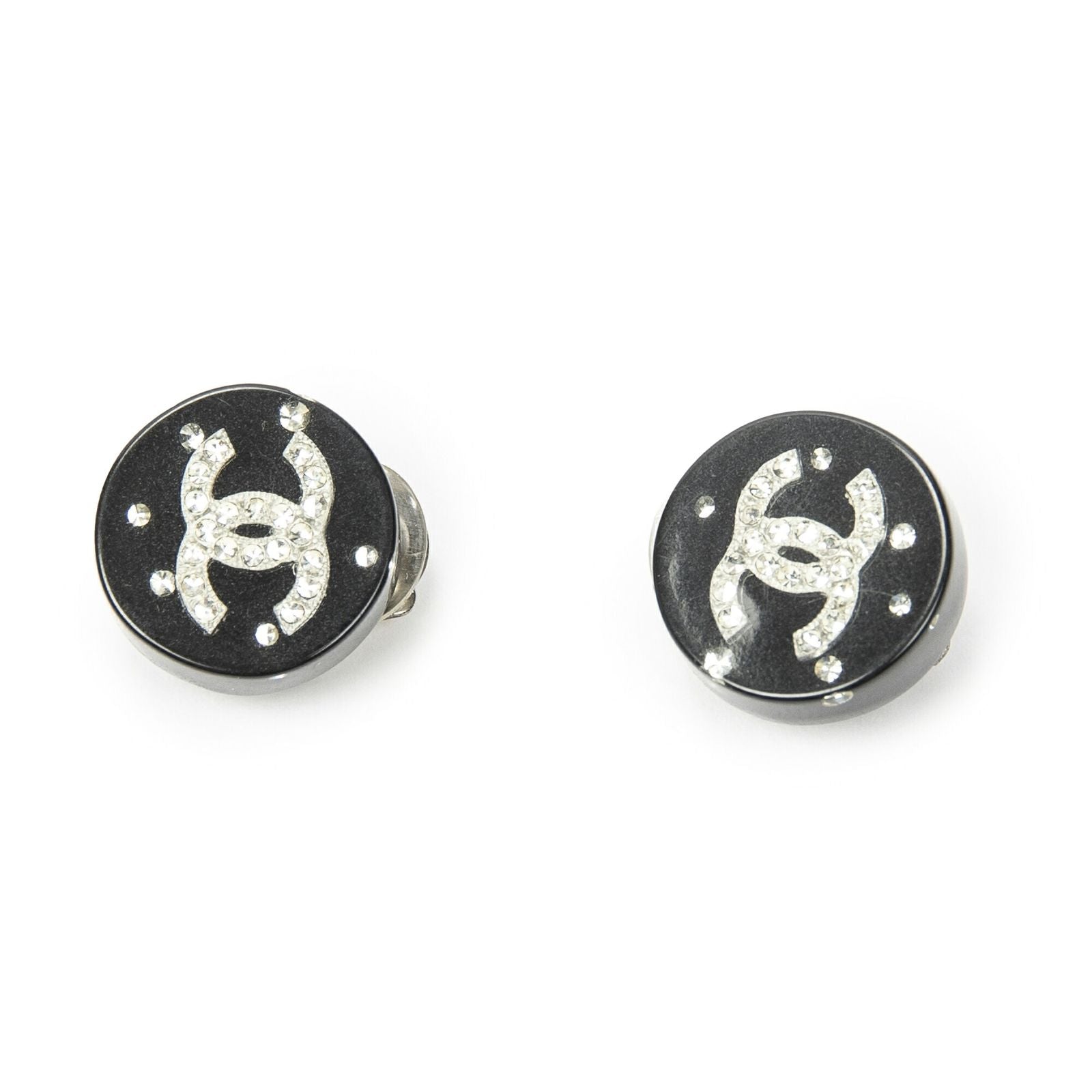 Chanel CC Rhinestone Enamel Clip on Earrings Black Gold Plated