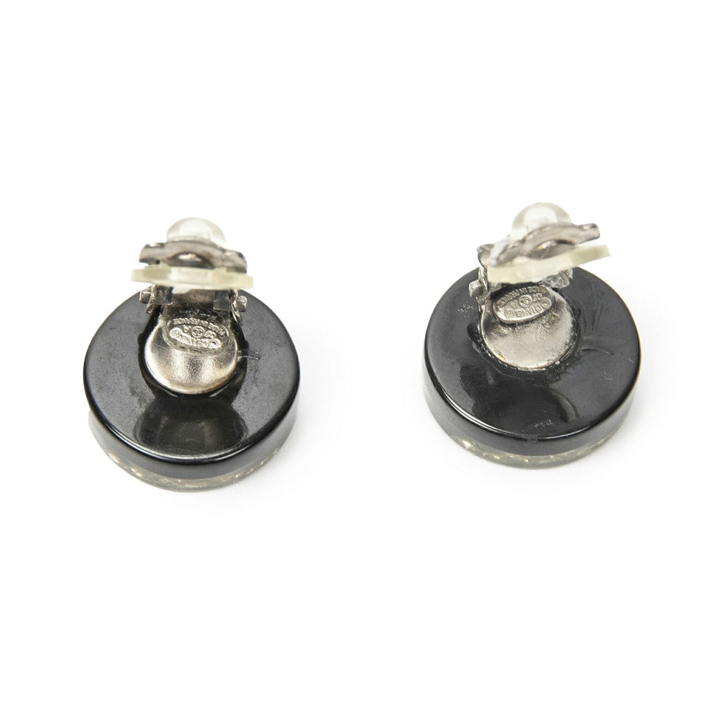 Chanel CC Rhinestone Enamel Clip on Earrings Black Gold Plated — view 3
