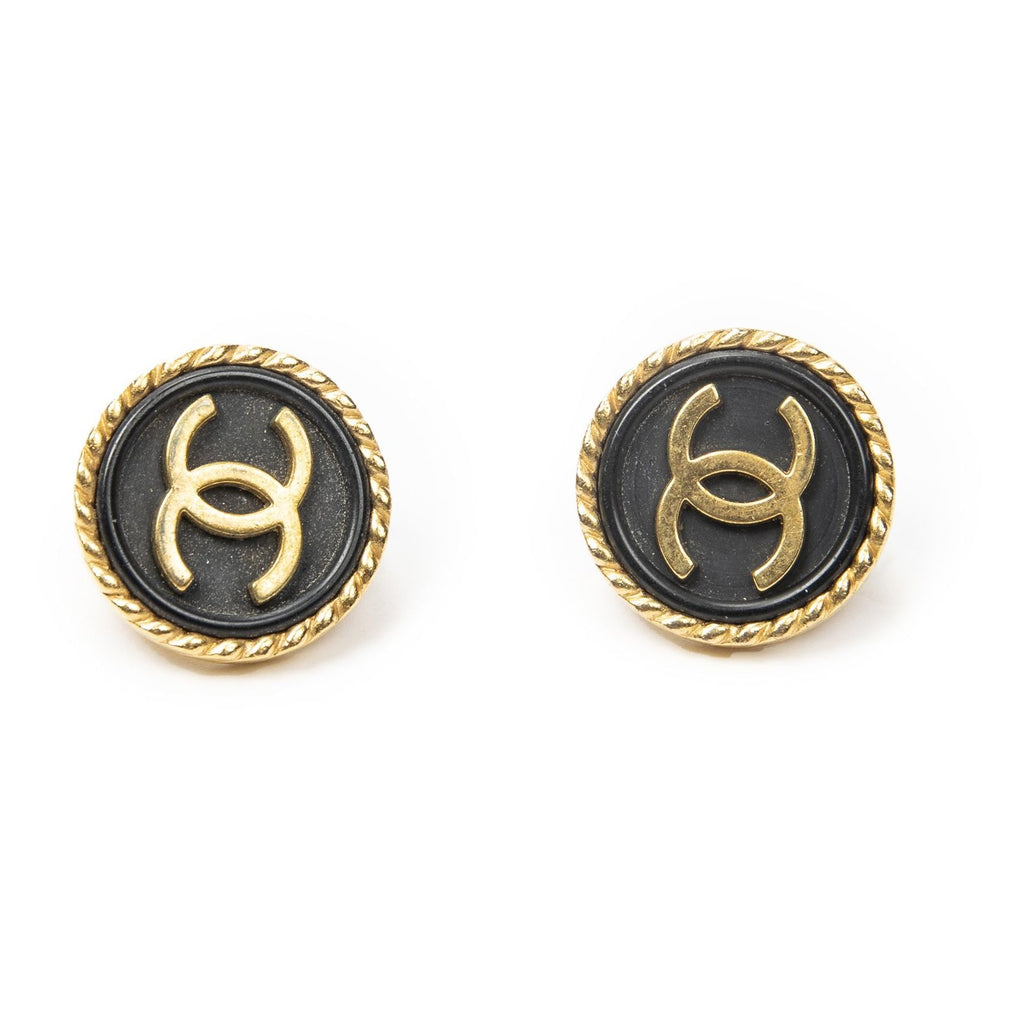 Chanel CC Logo Clip Type Earrings Black Gold Plated
