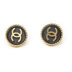 Chanel CC Logo Clip Type Earrings Black Gold Plated