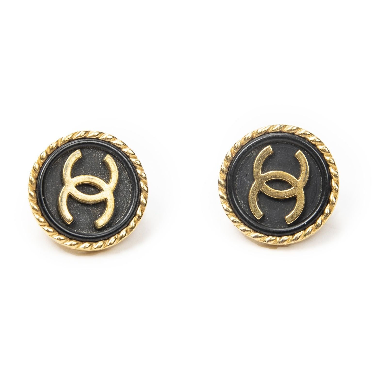 Chanel CC Logo Clip Type Earrings Black Gold Plated