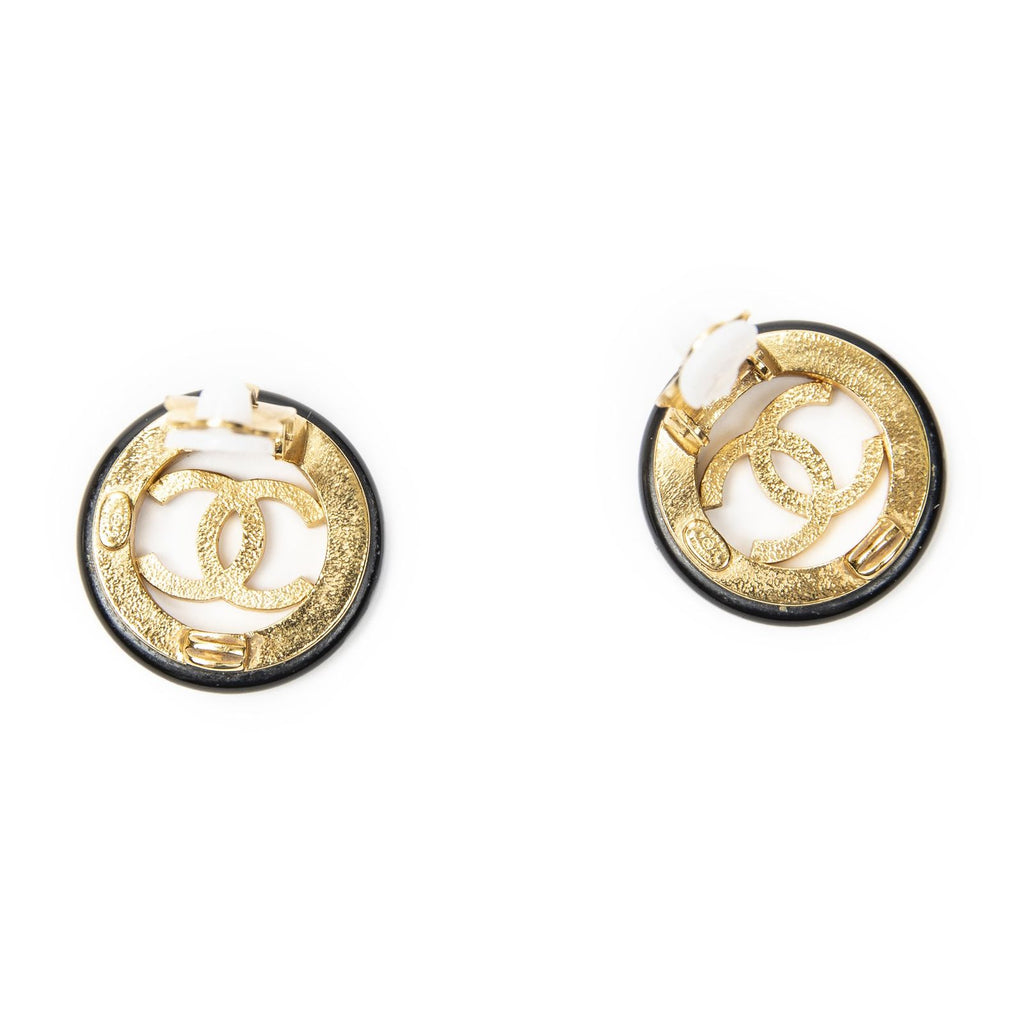 Chanel CC Logo Clip Type Earrings Black Gold Plated — view 3