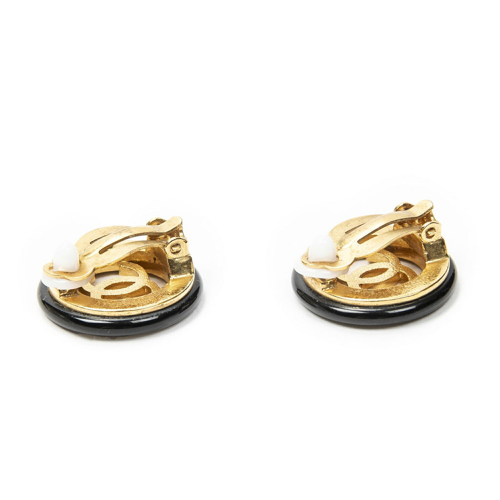 Chanel CC Logo Clip Type Earrings Black Gold Plated — view 2