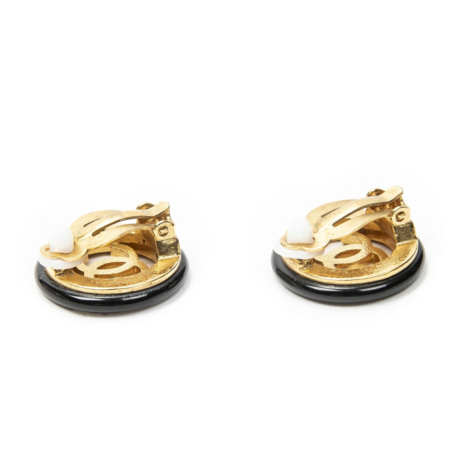 Chanel CC Logo Clip Type Earrings Black Gold Plated — view 2