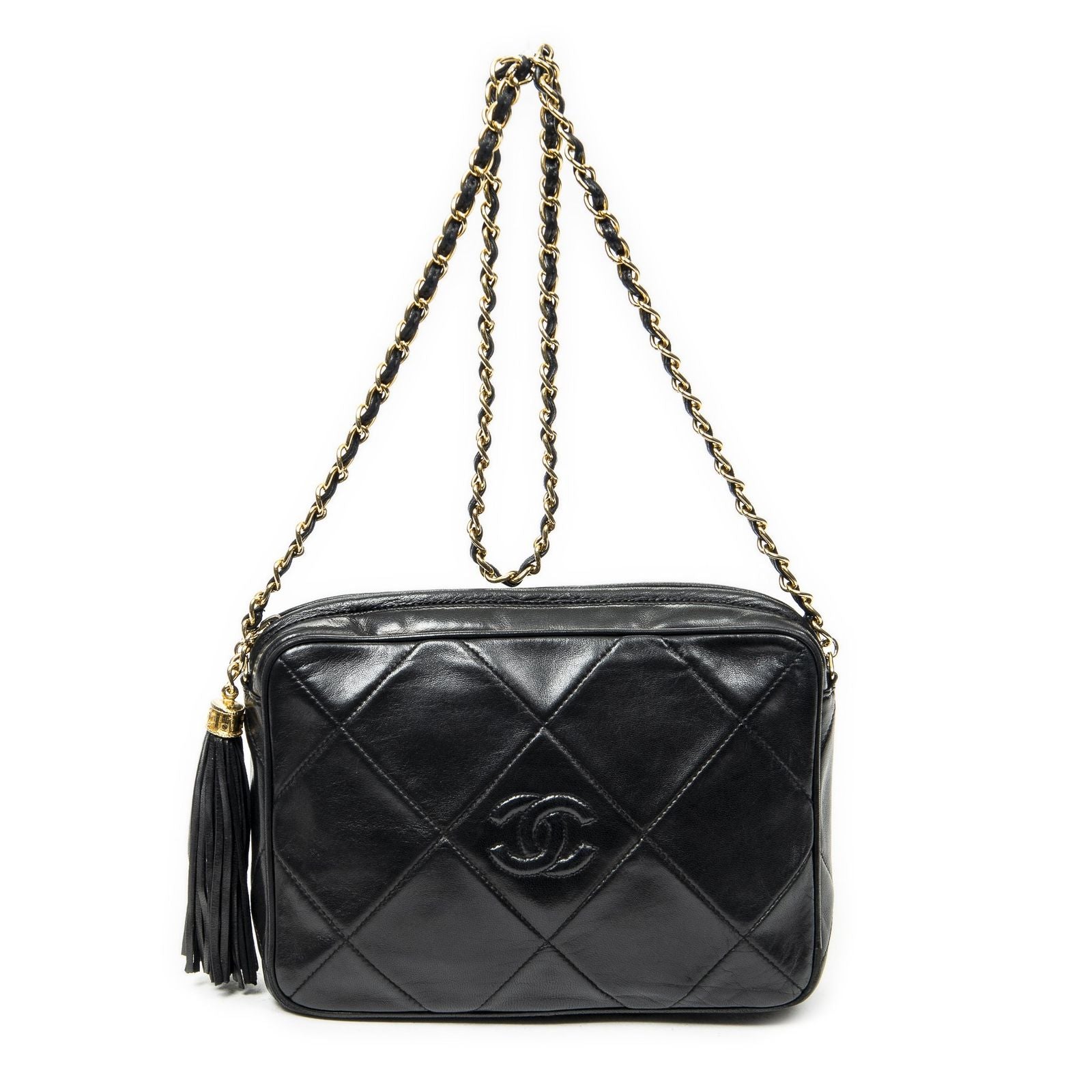 Chanel CC Tassel Camera Bag Black Quilted Lambskin Leather