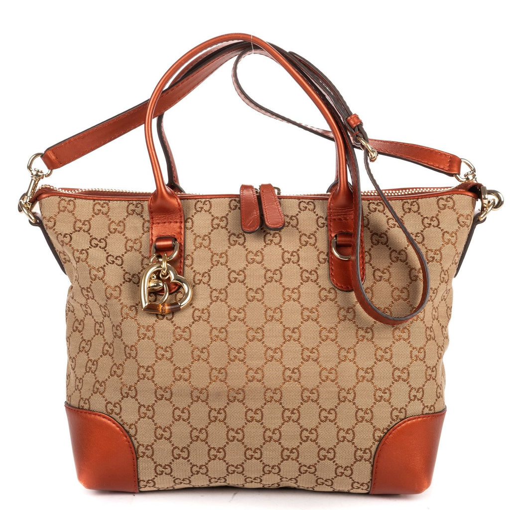 Gucci Bamboo Heart Bit Zip Tote Brown Beige Glitter Monogrammed Canvasa