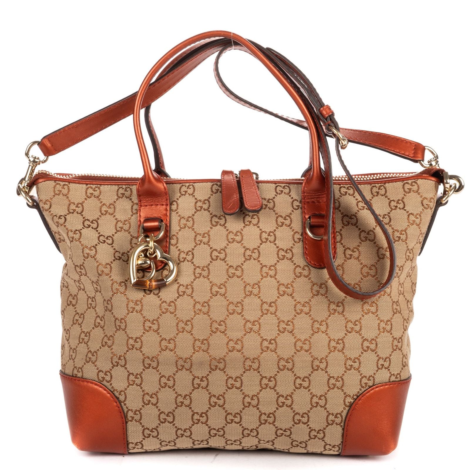 Gucci Bamboo Heart Bit Zip Tote Brown Beige Glitter Monogrammed Canvasa