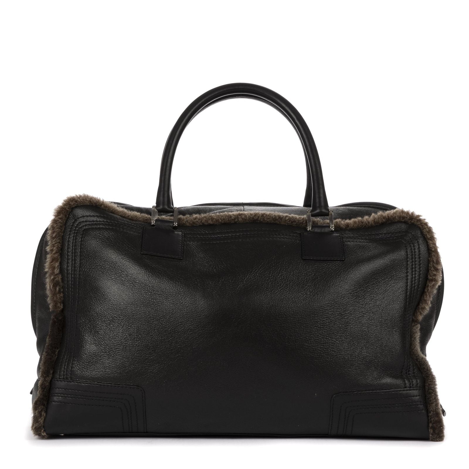 Loewe Amazona Large Boston Black Brown Aged Calfskin Fur Canvas Handbag — view 4