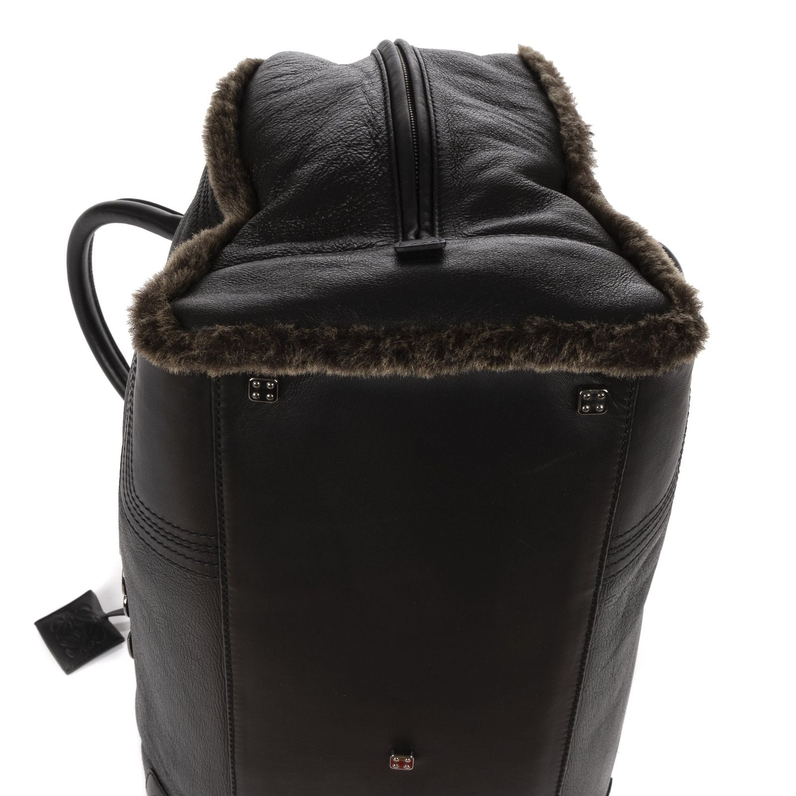 Loewe Amazona Large Boston Black Brown Aged Calfskin Fur Canvas Handbag — view 8