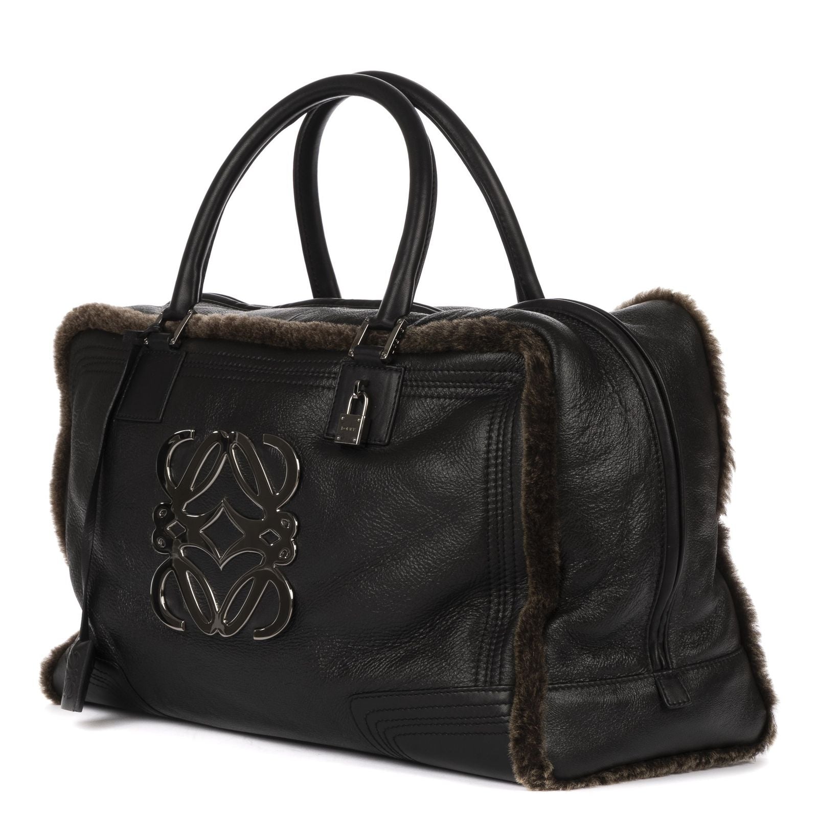 Loewe Amazona Large Boston Black Brown Aged Calfskin Fur Canvas Handbag — view 2