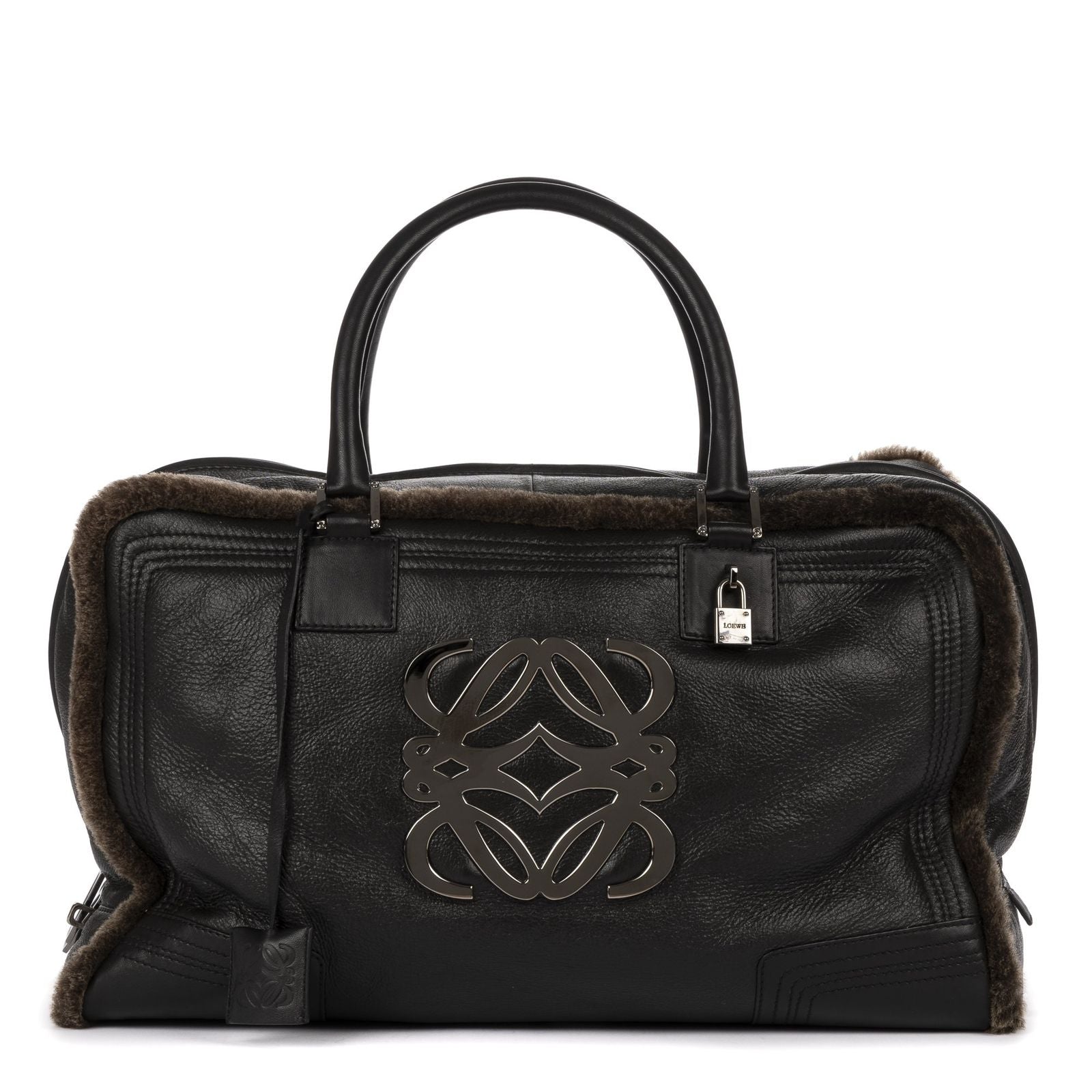 Loewe Amazona Large Boston Black Brown Aged Calfskin Fur Canvas Handbag