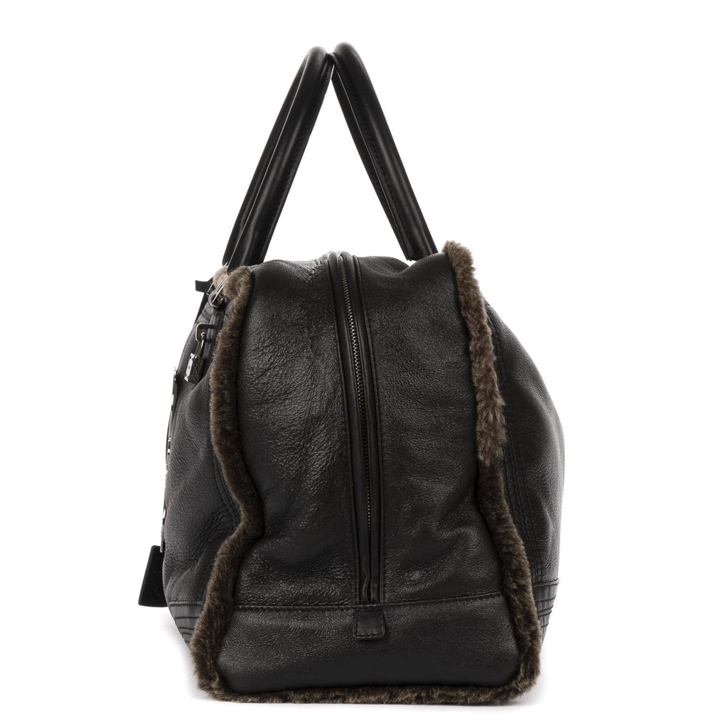 Loewe Amazona Large Boston Black Brown Aged Calfskin Fur Canvas Handbag — view 3