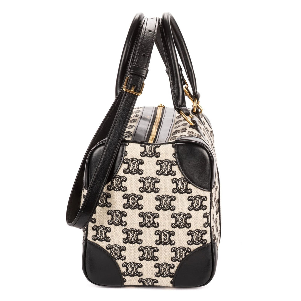 Celine Collection Small Boston Bag Black White Print Embroidery Canvas — view 3