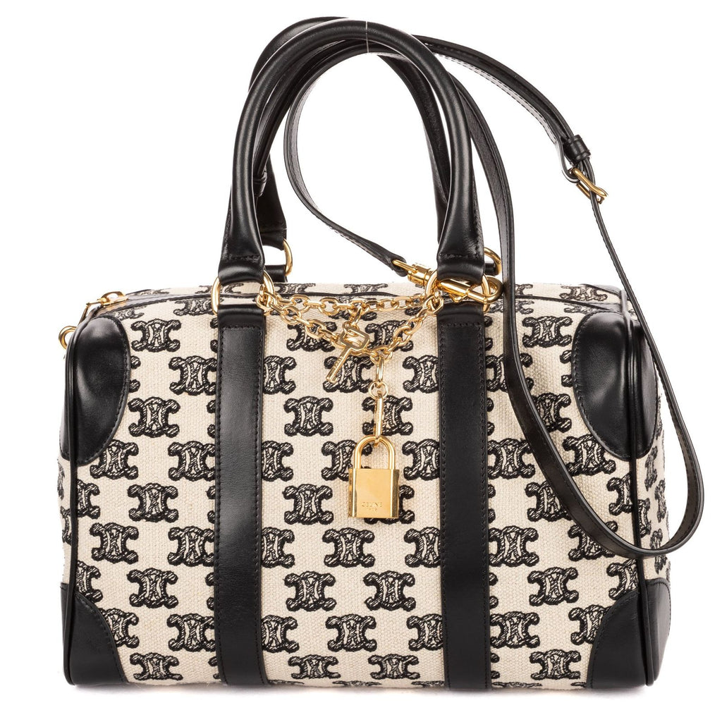 Celine Collection Small Boston Bag Black White Print Embroidery Canvas