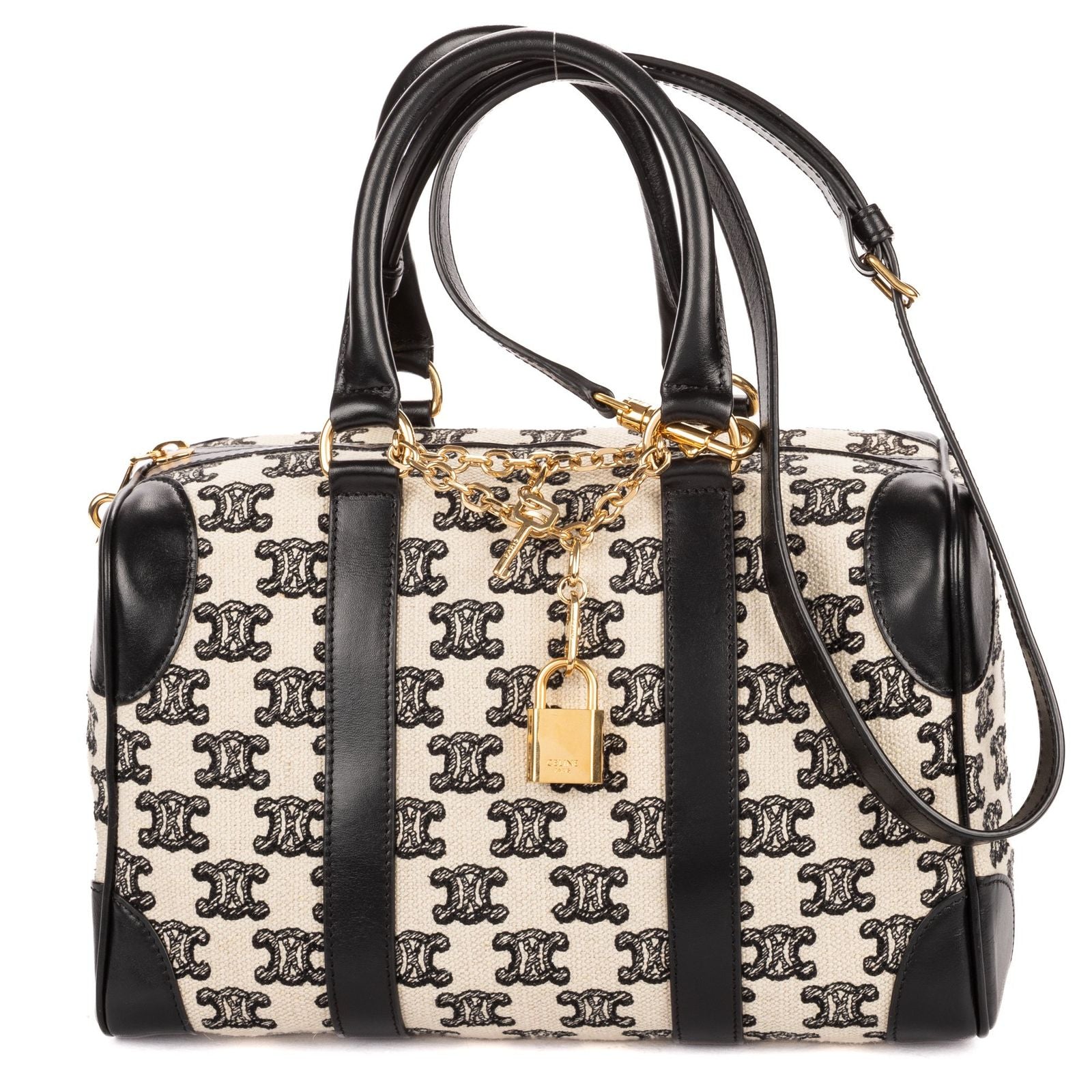 Celine Collection Small Boston Bag Black White Print Embroidery Canvas