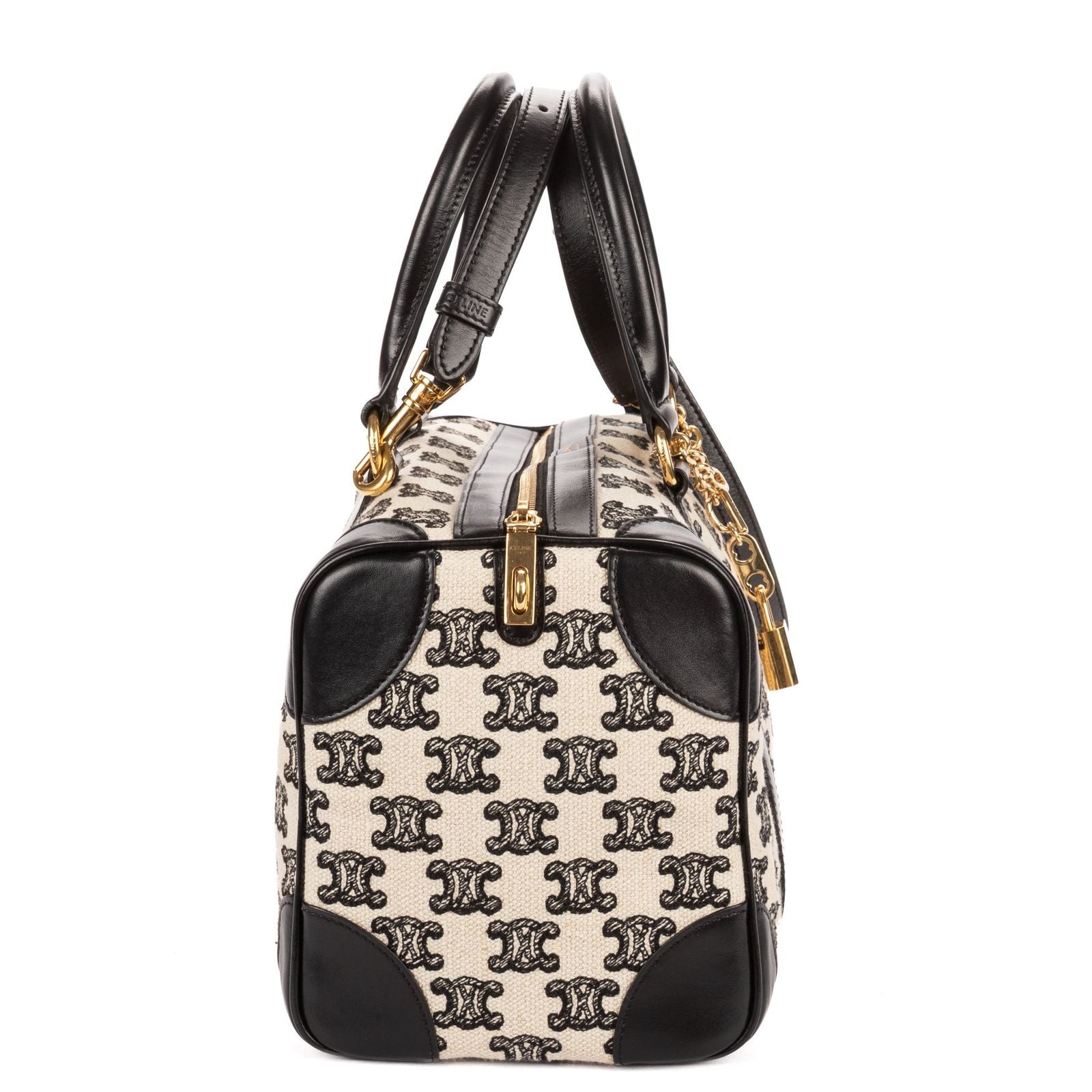 Celine Collection Small Boston Bag Black White Print Embroidery Canvas — view 4