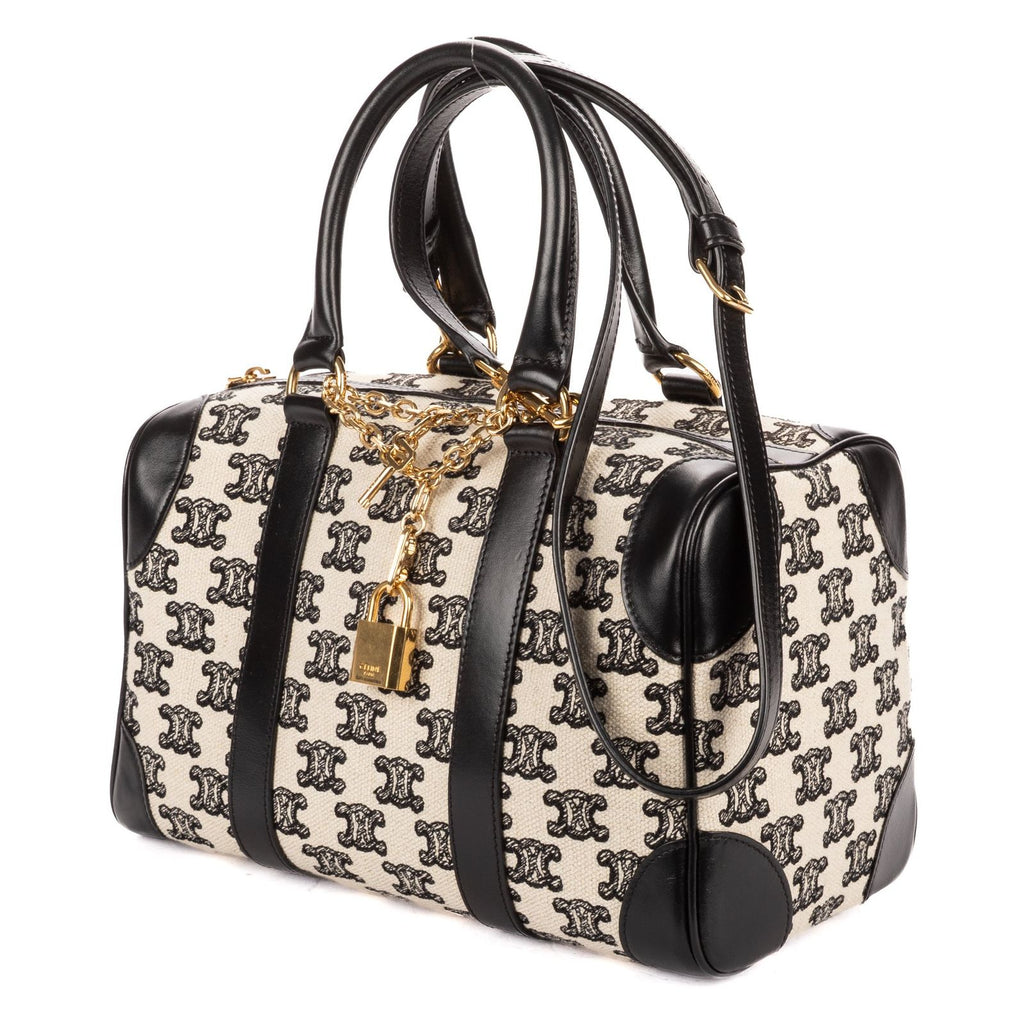 Celine Collection Small Boston Bag Black White Print Embroidery Canvas — view 2