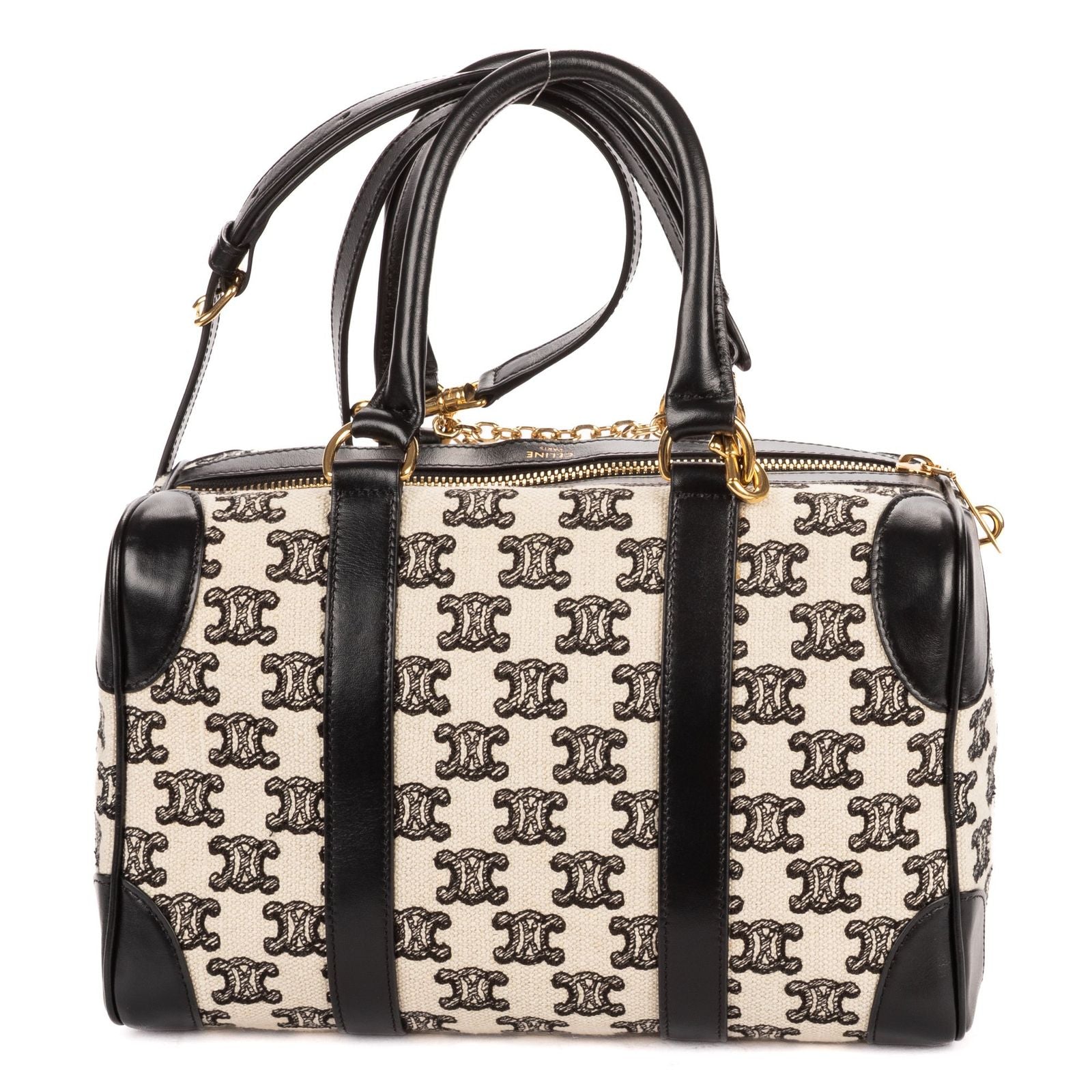 Celine Collection Small Boston Bag Black White Print Embroidery Canvas — view 5