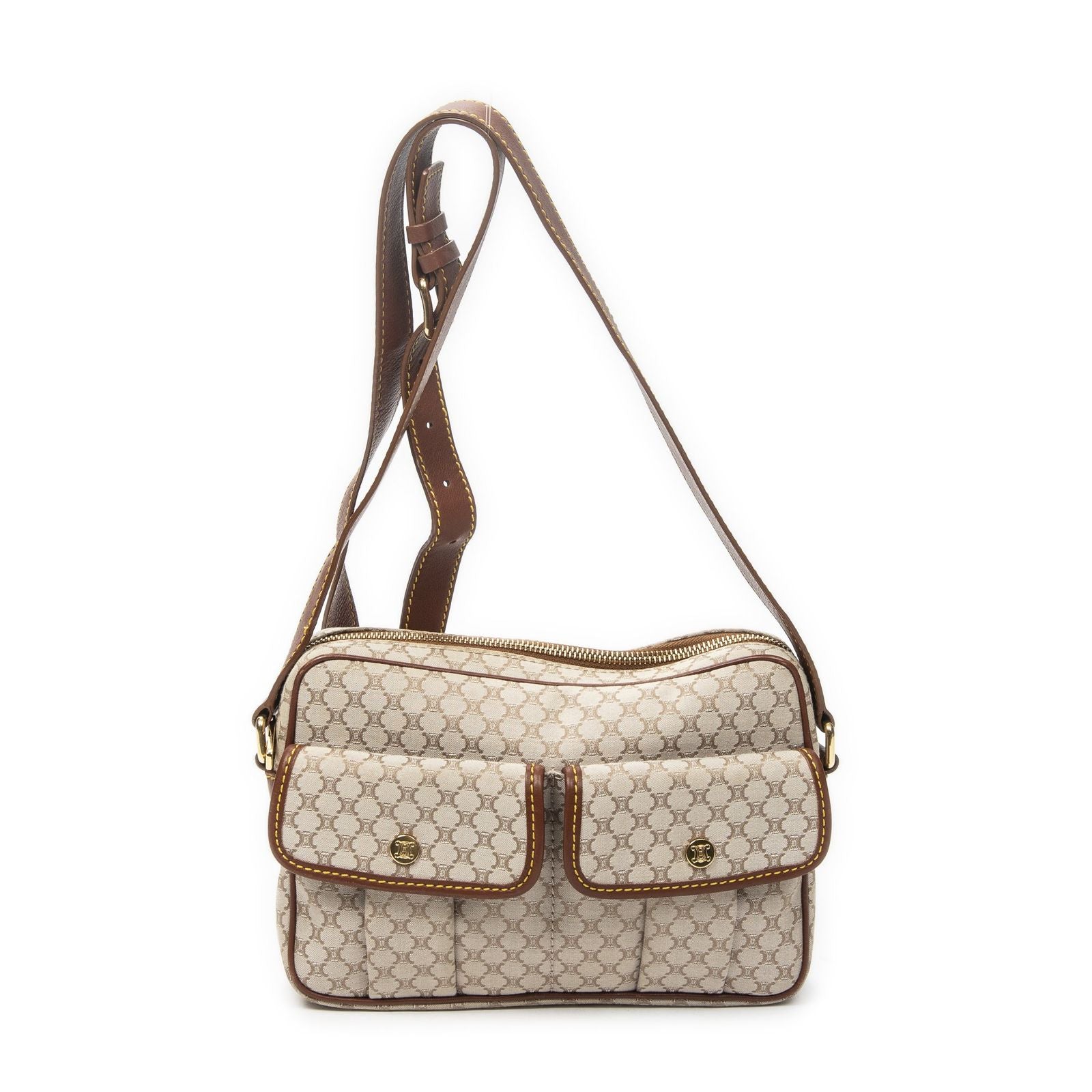 Celine Double Pocket Zip Crossbody Brown Beige Macadam Canvas