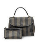 Fendi Vintage Flap Top Handle Brown Black Pecan Stripe Canvas
